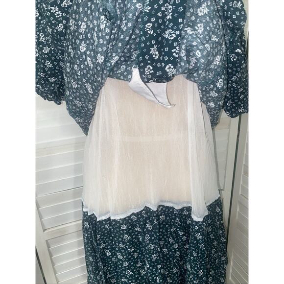 Vintage 80s 90s Floral Green Bib Knee Length Dress Layered Pullover Sz 20 - Picture 5 of 10